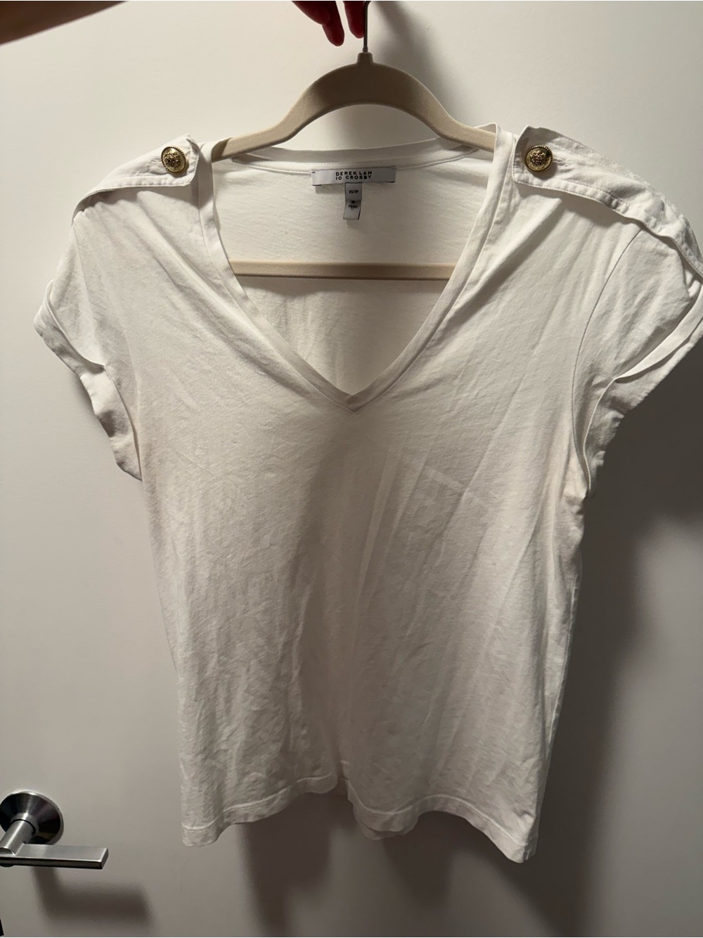 10 Crosby Derek Lam White V-Neck Tee with Gold Button Shoulder Accents